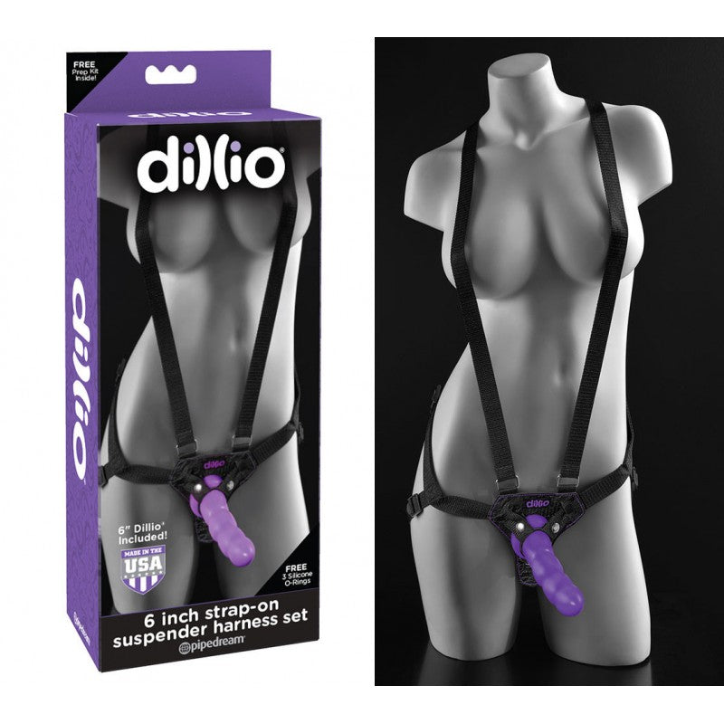 dillio 6' strap-on suspender harness set. Black Harness Pink dong